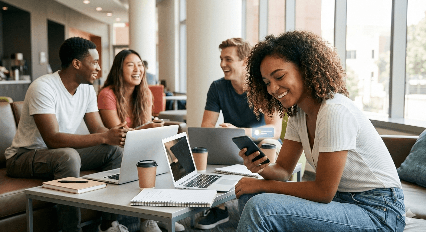 Students hanging out and smiling, looking at a phone without stress