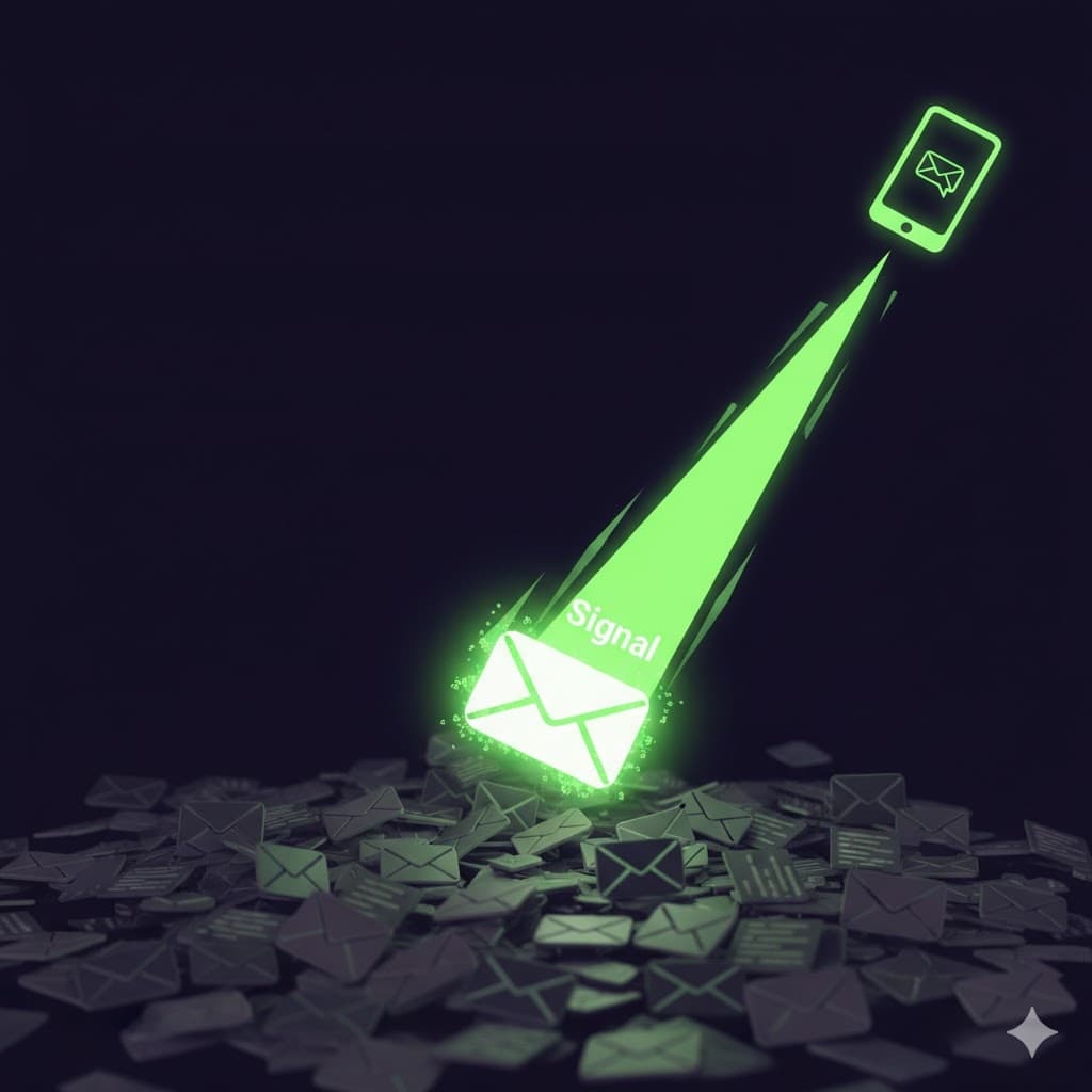 A smartphone extracting a glowing signal from a pile of chaotic mail