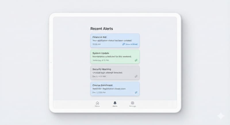 Dashboard showing recent alerts with timestamps and links to original emails